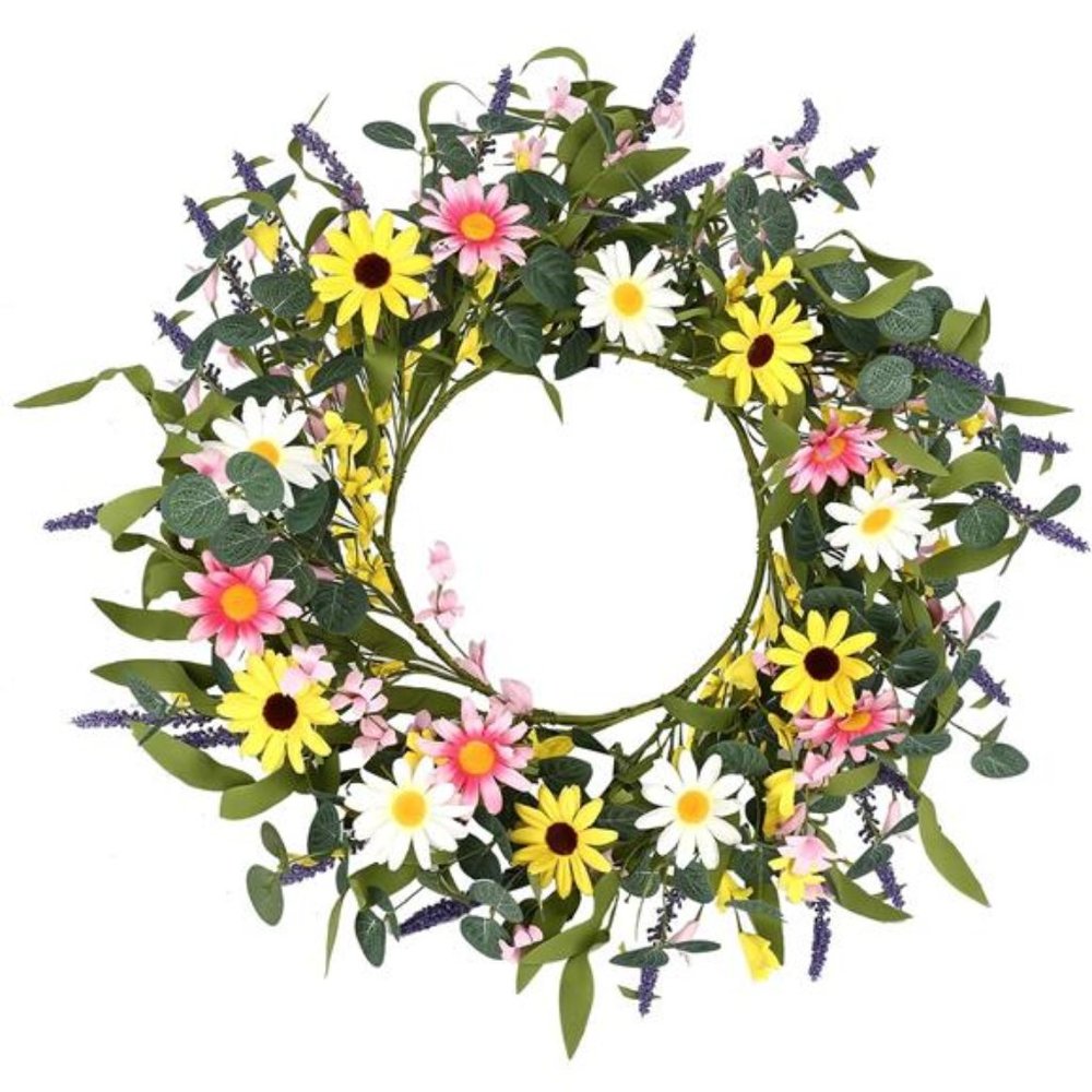 Artificial Spring Wreath,20” Pink Yellow White Flower Wreath Daisy Sunflower